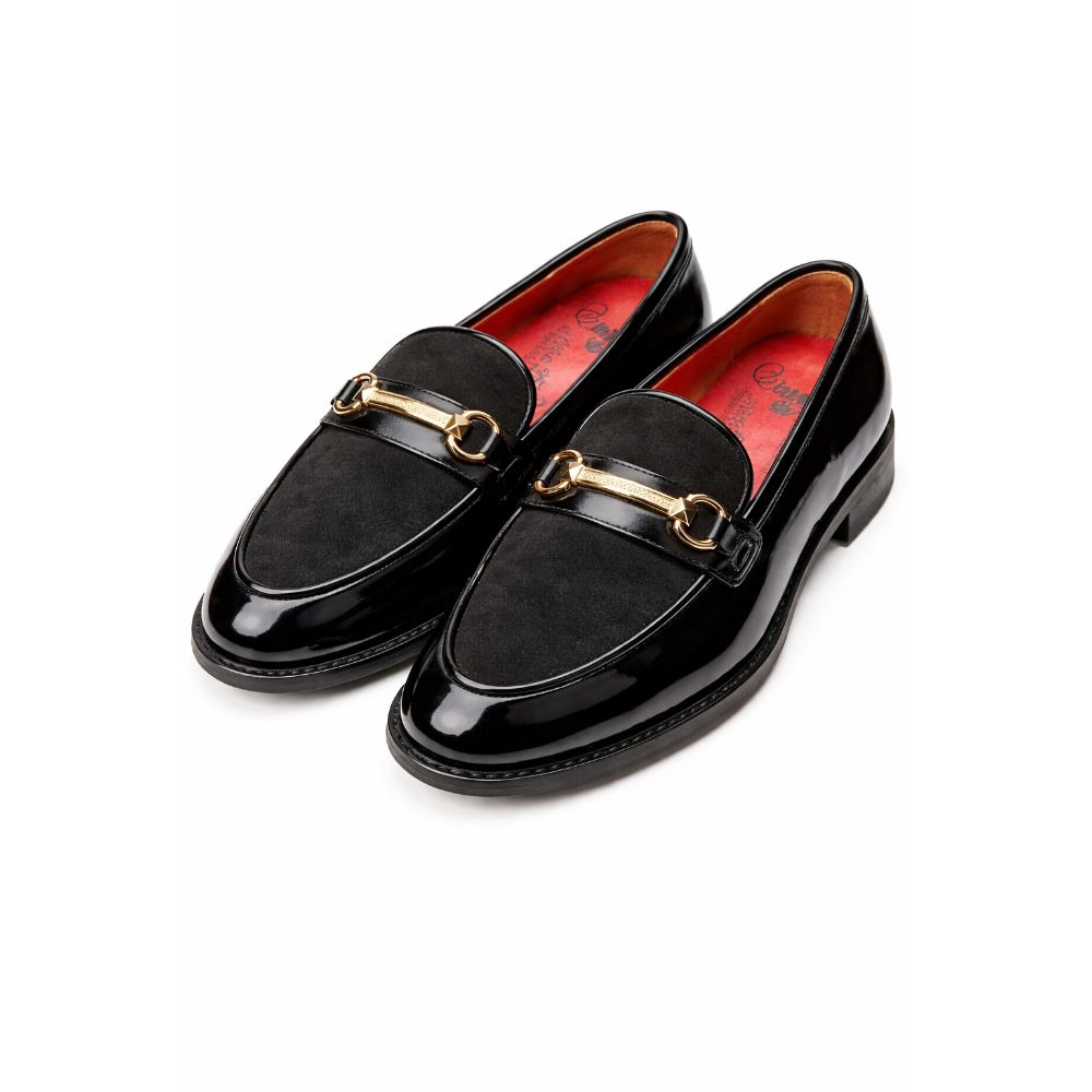 Mens Black Slip On Loafer with Metal Bar Detail